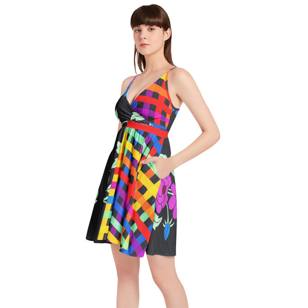 Floral Lattice Spaghetti Strap Sleeveless Falred Hem Short Dress - Objet D'Art