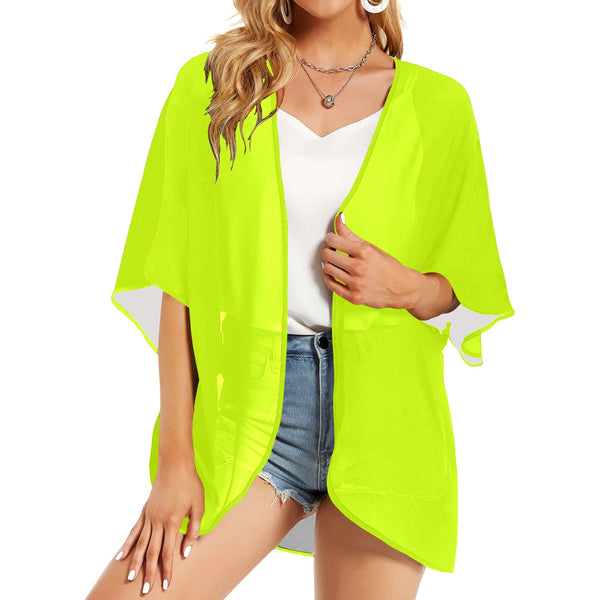 neon green print 2 Women's Kimono Chiffon Cover Up (Model H51) - Objet D'Art