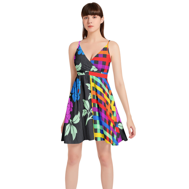 Floral Lattice Spaghetti Strap Sleeveless Falred Hem Short Dress - Objet D'Art