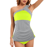 neon green print 2 Women's One Shoulder Backless Swimsuit (Model S44) - Objet D'Art
