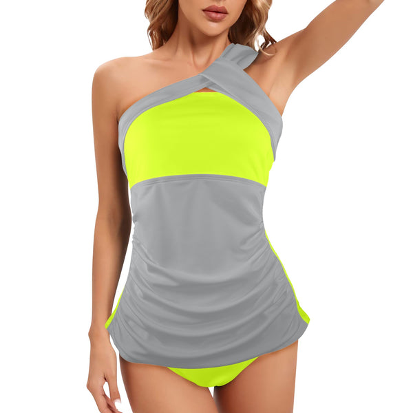 neon green print 2 Women's One Shoulder Backless Swimsuit (Model S44) - Objet D'Art