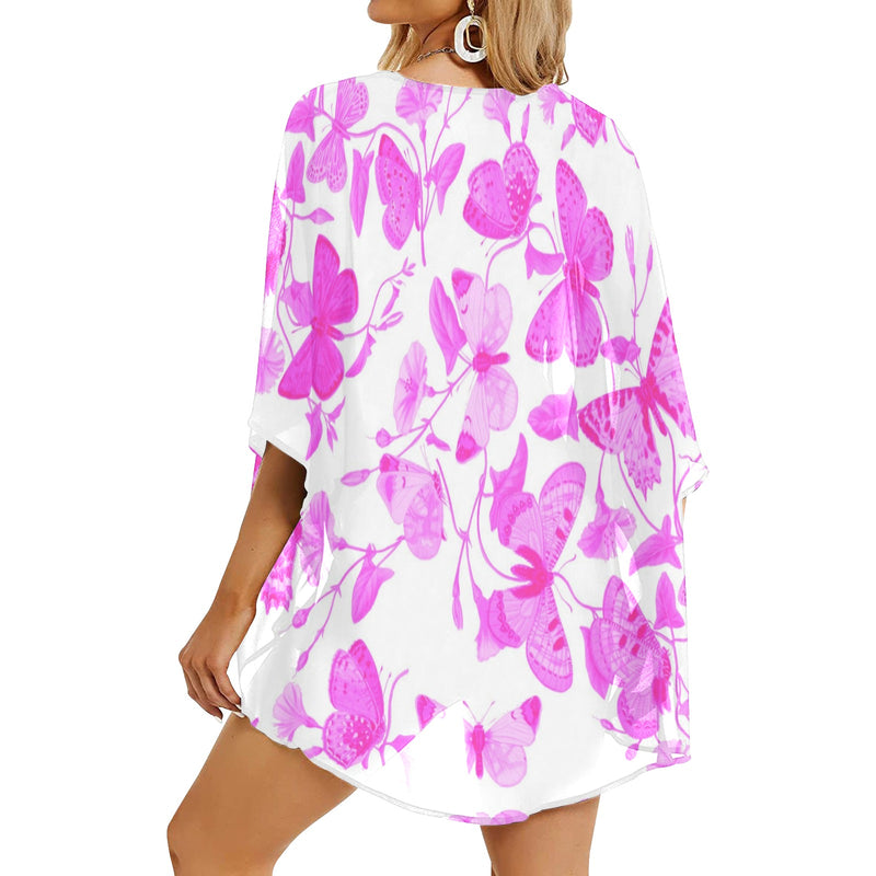 butterfly pink on white print Women's Kimono Chiffon Cover Up (Model H51) - Objet D'Art