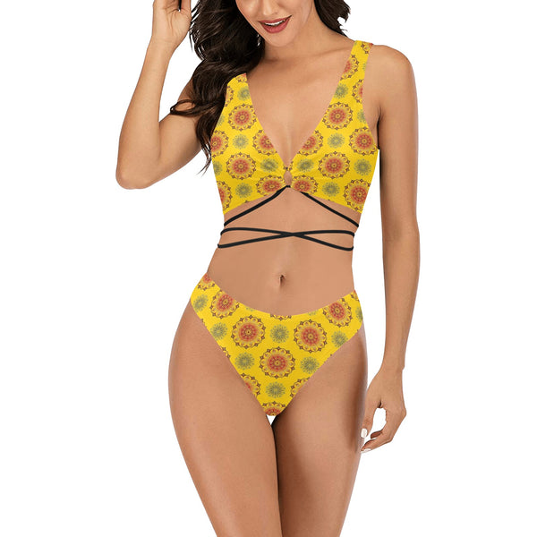 mandala gold print 3 Cross String Bikini Set (Model S29) - Objet D'Art