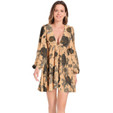 Carmel Roses Lantern Sleeve Deep V-Neck Short Dress - Objet D'Art