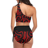 black solid print skirt High Waisted One Shoulder Bikini Set (Model S16) - Objet D'Art
