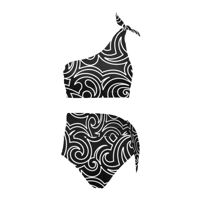 light blue print High Waisted One Shoulder Bikini Set (Model S16) - Objet D'Art