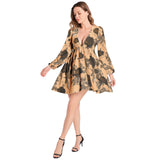 Carmel Roses Lantern Sleeve Deep V-Neck Short Dress - Objet D'Art
