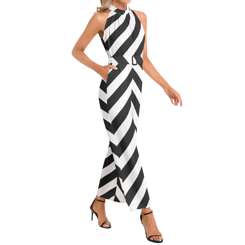 Halter Neck Buckle Belted Jumpsuit - Objet D'Art