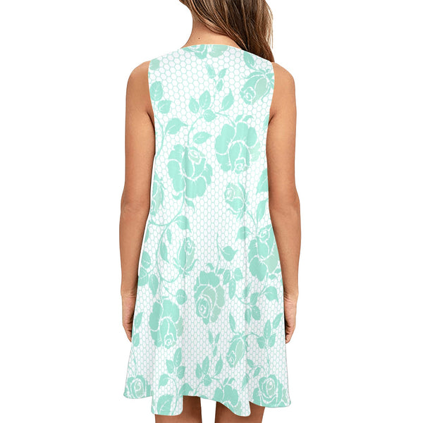 mint rose 2 print Sleeveless A-Line Pocket Dress (Model D57) - Objet D'Art
