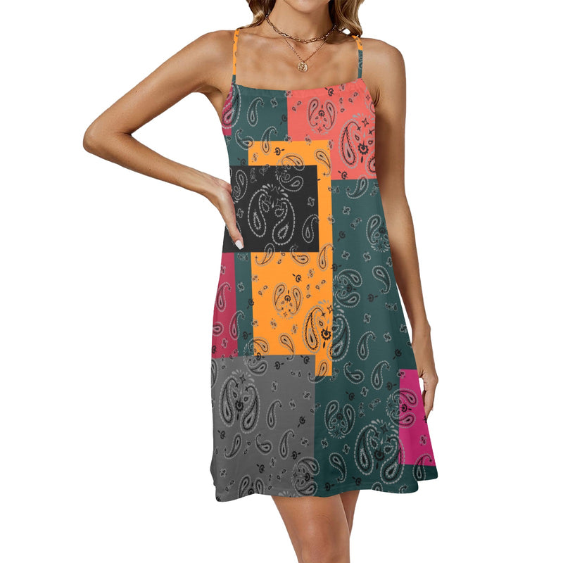 bandana print calico yoga_leggings_template-Recovered-Recovered copy Drawstring Neck Sleeveless Dress (Model D68) - Objet D'Art