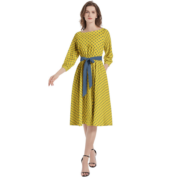 Boat Neck Belted Flared Dress - Objet D'Art