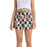 Floral Black and White Checkered Women's Belted Short - Objet D'Art