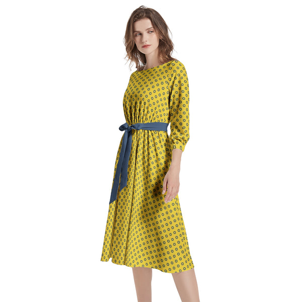 Boat Neck Belted Flared Dress - Objet D'Art