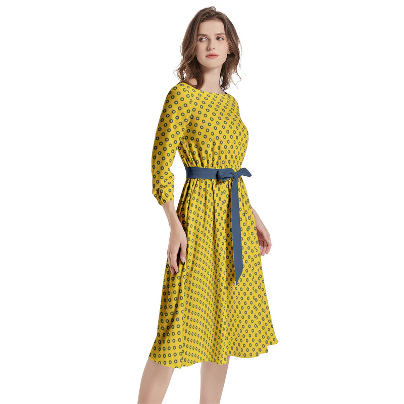 Boat Neck Belted Flared Dress - Objet D'Art