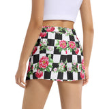 Floral Black and White Checkered Women's Belted Short - Objet D'Art