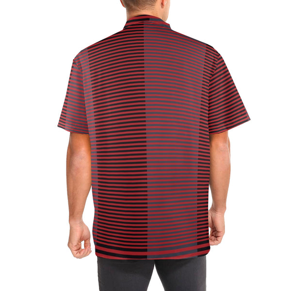 horizontal striped red gray black print Men's Stand-Up Collar Short Sleeve Shirt - Objet D'Art