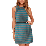 blue gray greek key print Eos Women's Sleeveless Dress (Model D01) - Objet D'Art