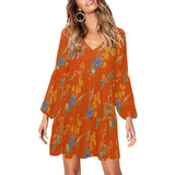 mandarin orange wildflowers V-Neck Loose Fit Dress (Model D62) - Objet D'Art