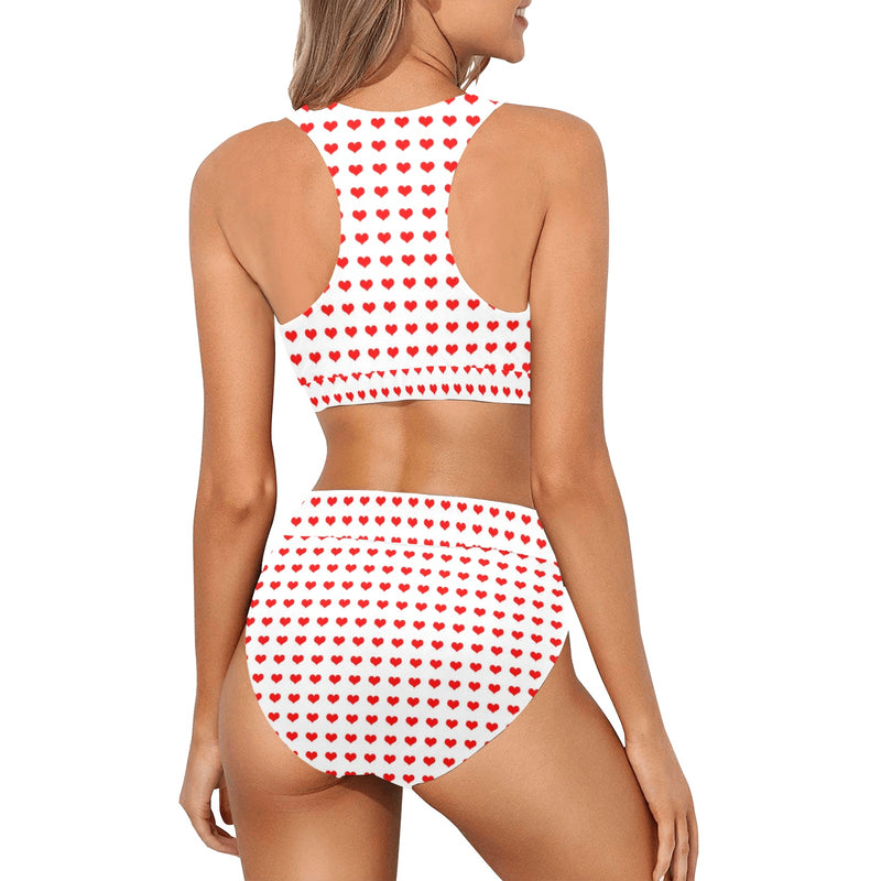 red hot hearts print Crop Top Bikini Set (Model S21) - Objet D'Art