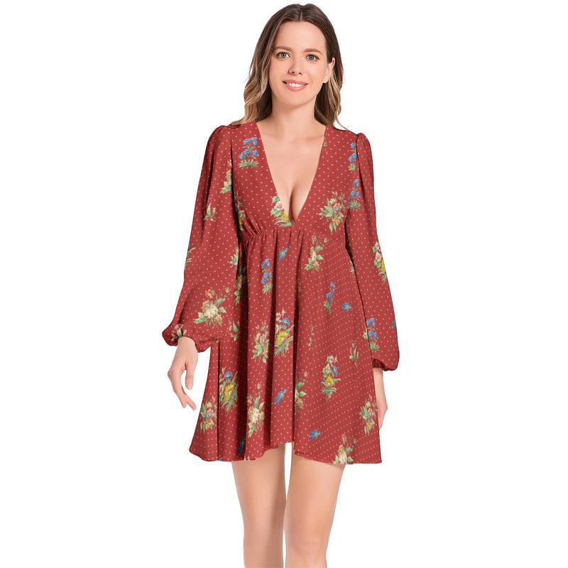 Wildflowers Lantern Sleeve Deep V-Neck Short Dress - Objet D'Art