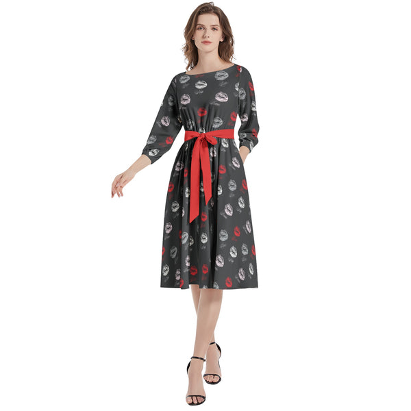 Kisses Boat Neck Belted Flared Dress - Objet D'Art