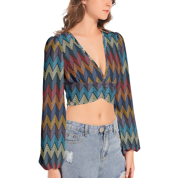 Women's Deep V-Neck Lantern Sleeve Crop Top - Objet D'Art