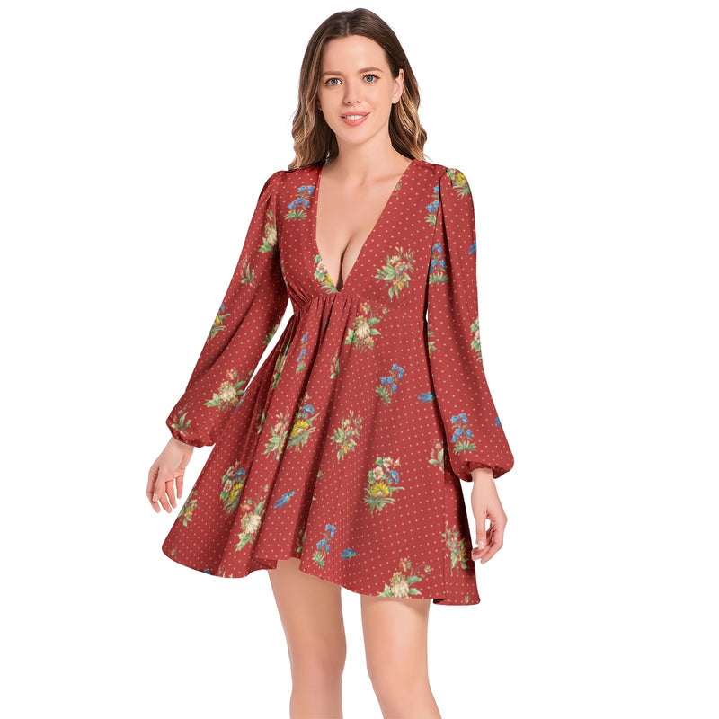 Wildflowers Lantern Sleeve Deep V-Neck Short Dress - Objet D'Art