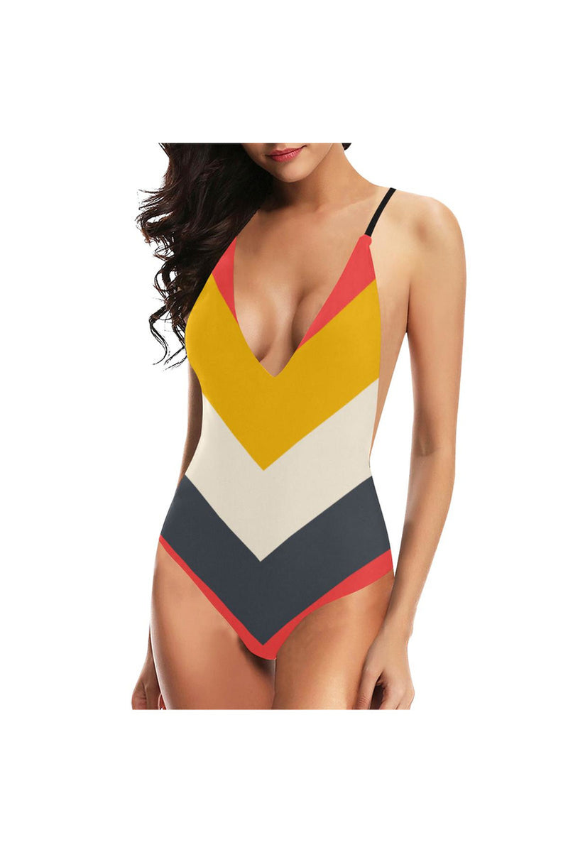Chevron Sexy Lacing Backless One-Piece Swimsuit - Objet D'Art Online Retail Store