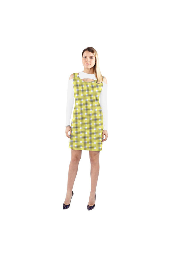 Yellow Plaid Cold Shoulder Long Sleeve Dress (Model D37) - Objet D'Art