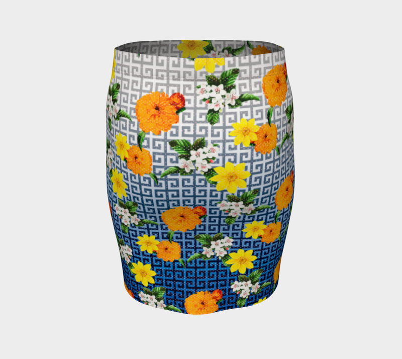 Greek Key Blue Floral  Lattice Fitted Skirt - Objet D'Art