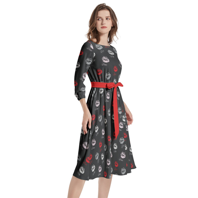 Kisses Boat Neck Belted Flared Dress - Objet D'Art