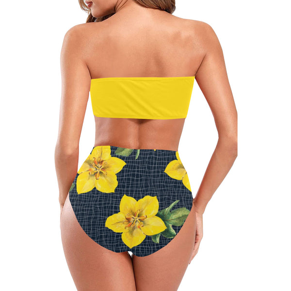 yellow flora print copy Chest Wrap Bikini Swimsuit (Model S36) - Objet D'Art