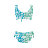 minty blue skull nation print Bow Tie Front Bikini Swimsuit (Model S38) - Objet D'Art