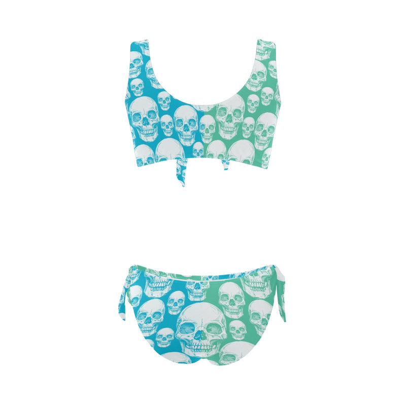 minty blue skull nation print Bow Tie Front Bikini Swimsuit (Model S38) - Objet D'Art