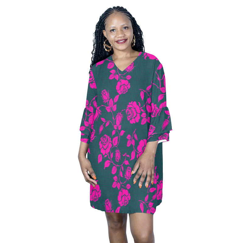 pink green greek key print Half Sleeves V-Neck Mini Dress (Model D63) - Objet D'Art