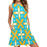 blue gold print petals Sleeveless A-Line Pocket Dress (Model D57) - Objet D'Art