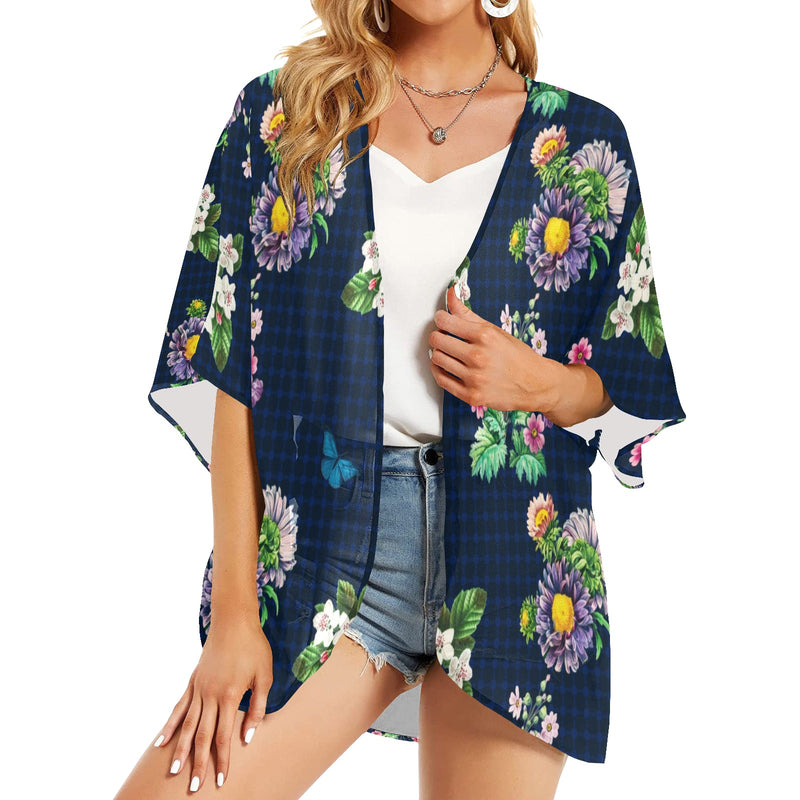 grid wildflower floral print Women's Kimono Chiffon Cover Up (Model H51) - Objet D'Art