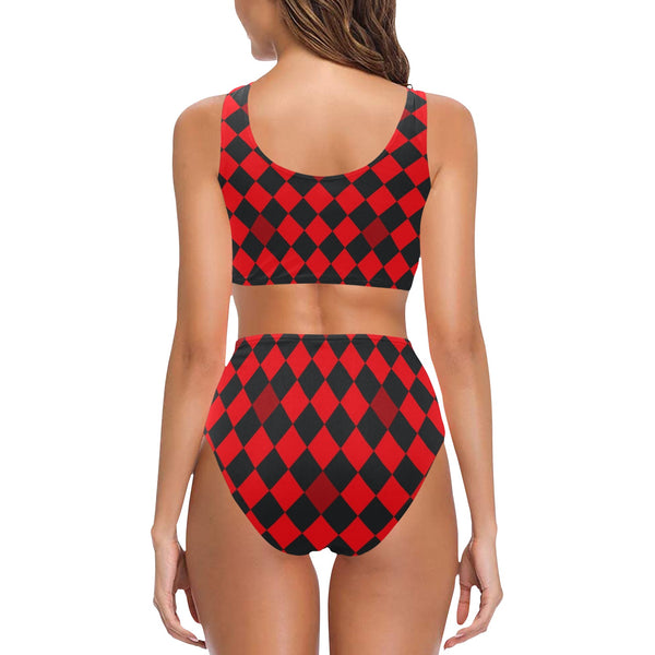 red black diamond print 2 Chest Bowknot Bikini Swimsuit (Model S33) - Objet D'Art