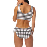grid red gray print 2 Bow Tie Front Bikini Swimsuit (Model S38) - Objet D'Art