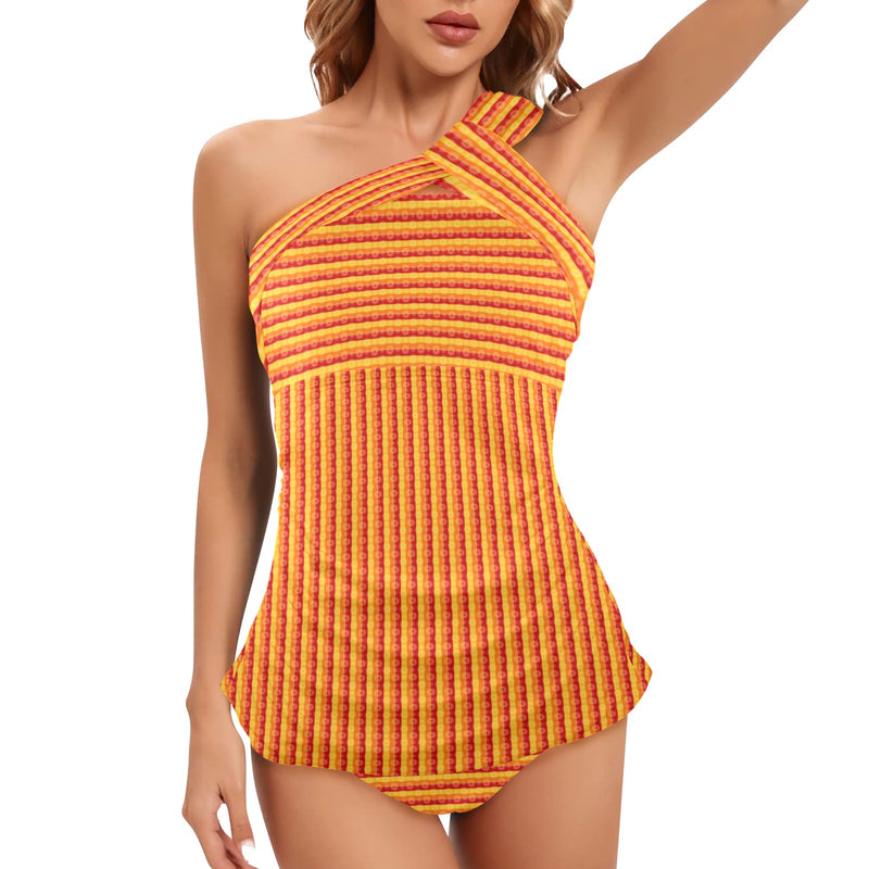 mandala striped red yellow orange Women's One Shoulder Backless Swimsuit (Model S44) - Objet D'Art