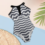 waves gray print 5 Women's High Neck Plunge Mesh Ruched Swimsuit (S43) - Objet D'Art