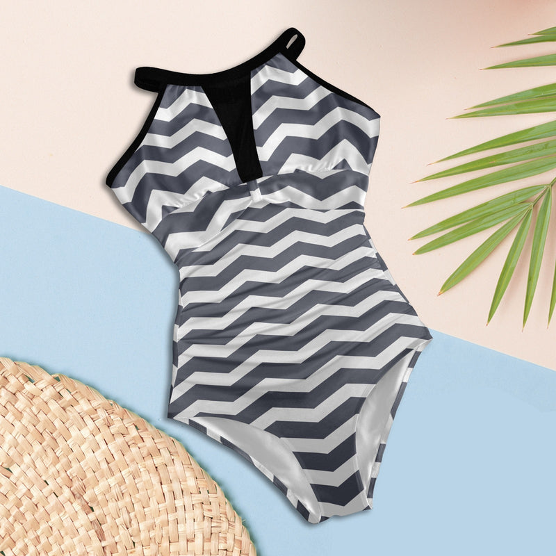 waves gray print 5 Women's High Neck Plunge Mesh Ruched Swimsuit (S43) - Objet D'Art