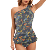 gray wildflowr africa Women's One Shoulder Backless Swimsuit (Model S44) - Objet D'Art