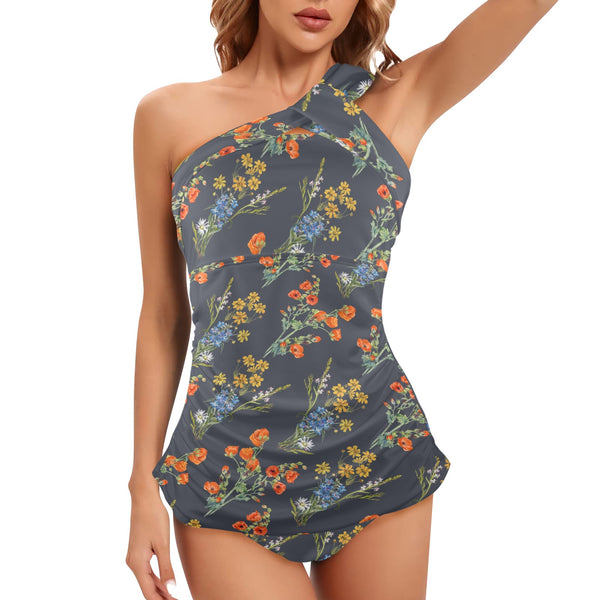 gray wildflowr africa Women's One Shoulder Backless Swimsuit (Model S44) - Objet D'Art