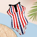 stars and stripes print 2 Women's High Neck Plunge Mesh Ruched Swimsuit (S43) - Objet D'Art