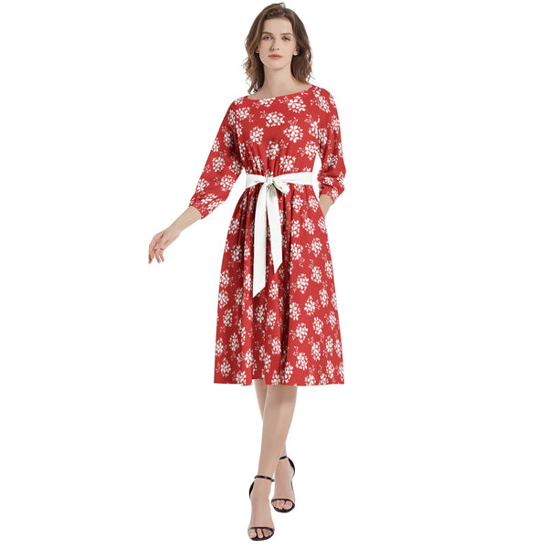Boat Neck Belted Flared Dress - Objet D'Art