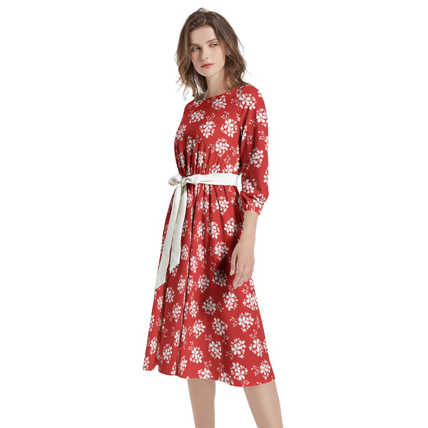 Boat Neck Belted Flared Dress - Objet D'Art