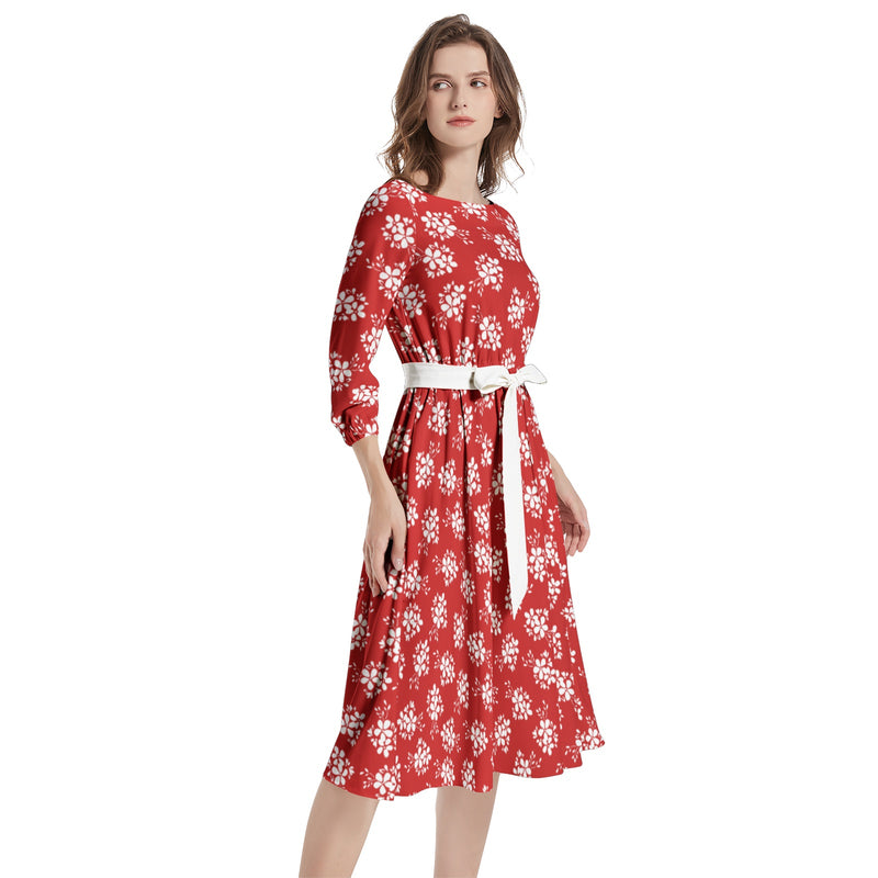 Boat Neck Belted Flared Dress - Objet D'Art