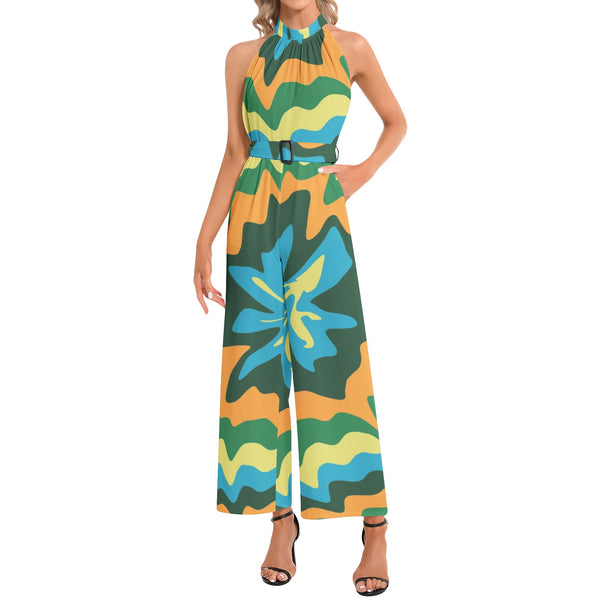 Halter Neck Buckle Belted Jumpsuit - Objet D'Art