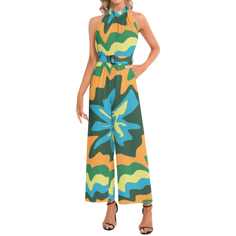 Halter Neck Buckle Belted Jumpsuit - Objet D'Art